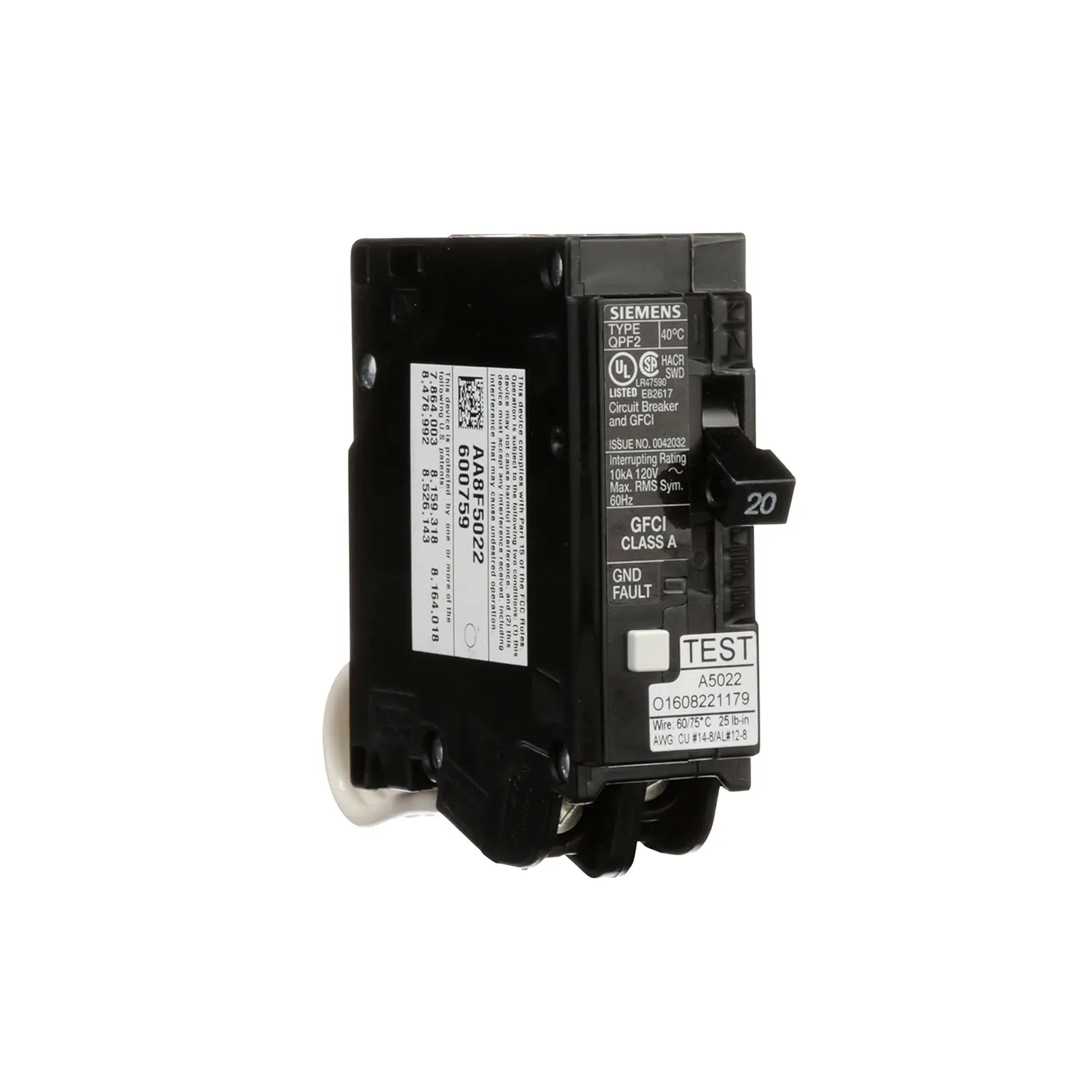 SIEMENS QF120A Gfci Circuit Breaker, Plug In, Self Testing, 20 Amp, 1-Pole, 120 Volt