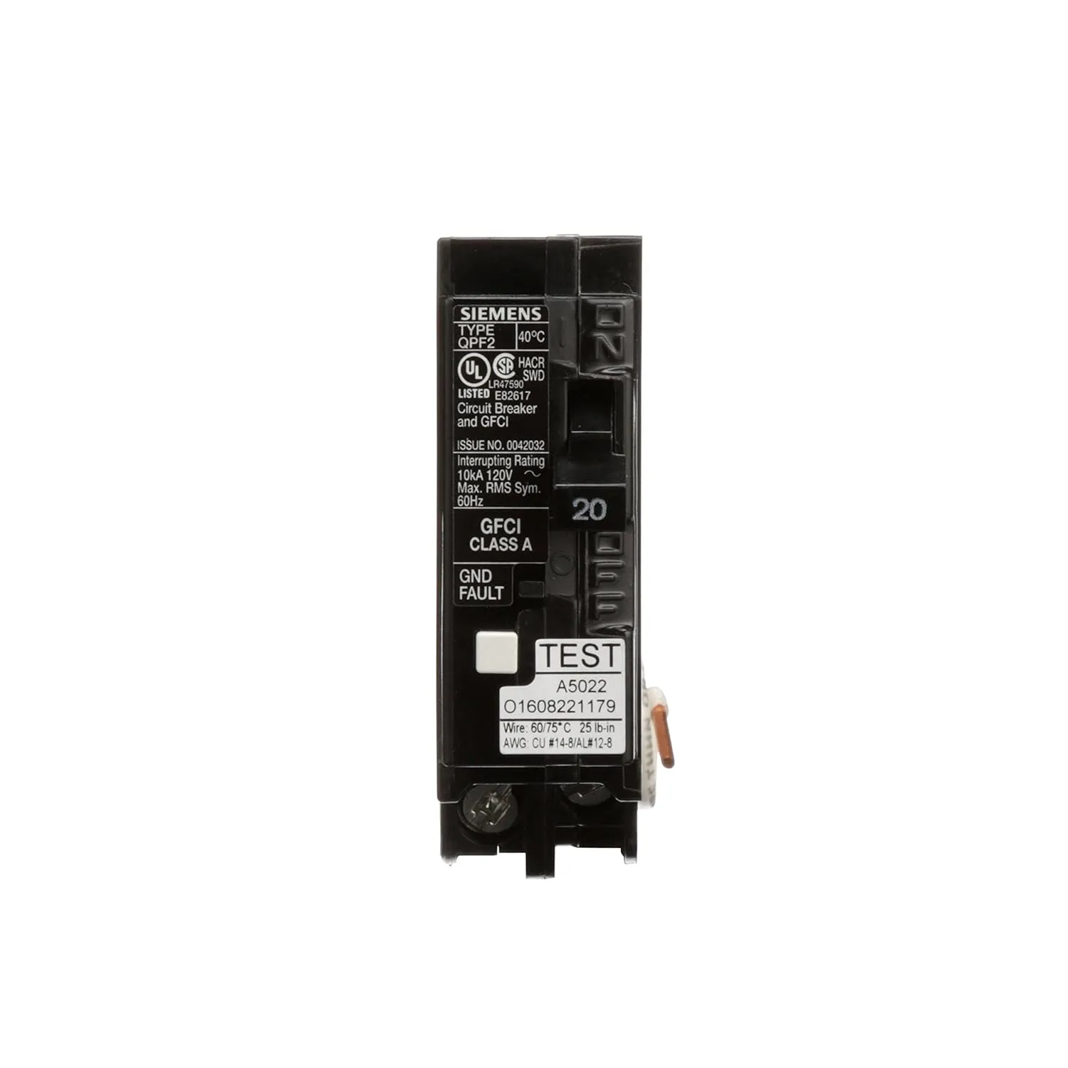 SIEMENS QF120A Gfci Circuit Breaker, Plug In, Self Testing, 20 Amp, 1-Pole, 120 Volt