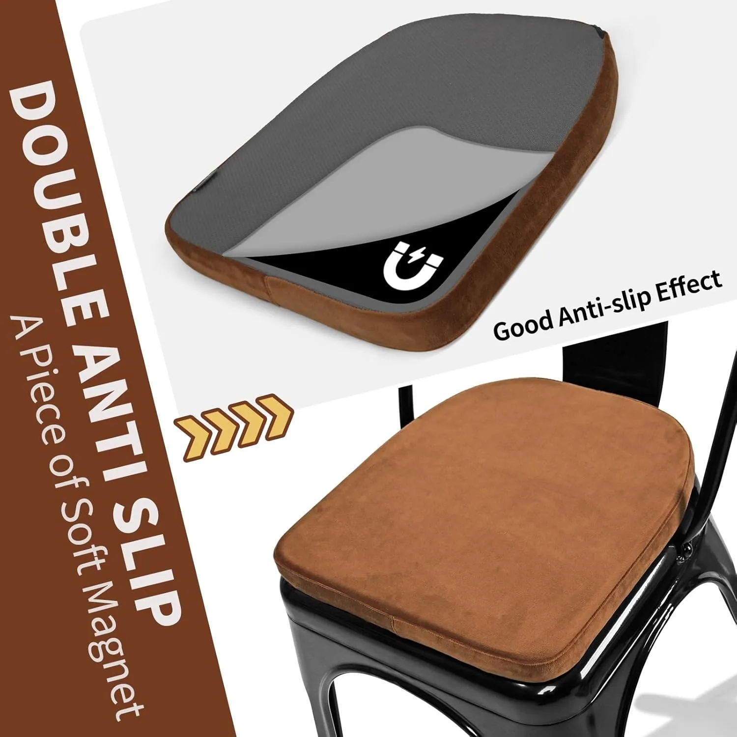 SINOSSO Kitchen Magnetic Metal Chair Cushions Set of 2, 14" Luxury Velvet Memory Foam Seat Pads for Cafe Stackable Chair (U-Shape, Brown, 2)