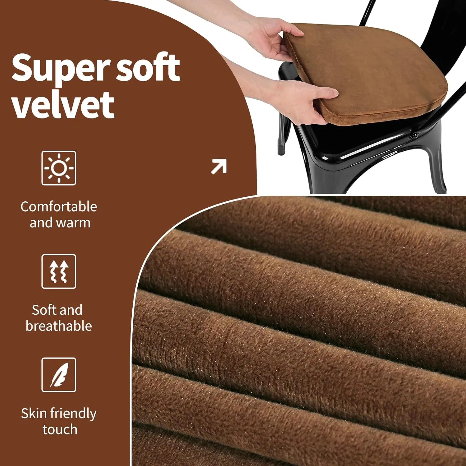SINOSSO Kitchen Magnetic Metal Chair Cushions Set of 2, 14" Luxury Velvet Memory Foam Seat Pads for Cafe Stackable Chair (U-Shape, Brown, 2)