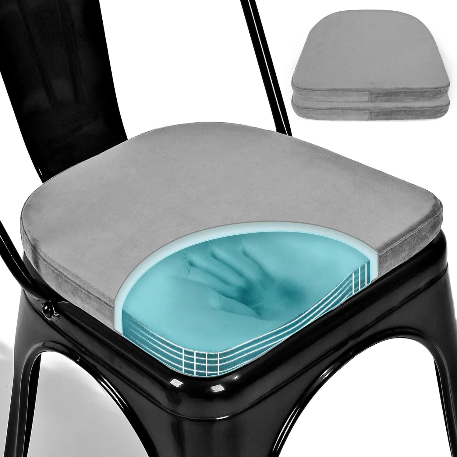 SINOSSO Kitchen Magnetic Metal Chair Cushions Set of 2, 14" Luxury Velvet Memory Foam Seat Pads for Cafe Stackable Chair (U-Shape, Gray, 2)