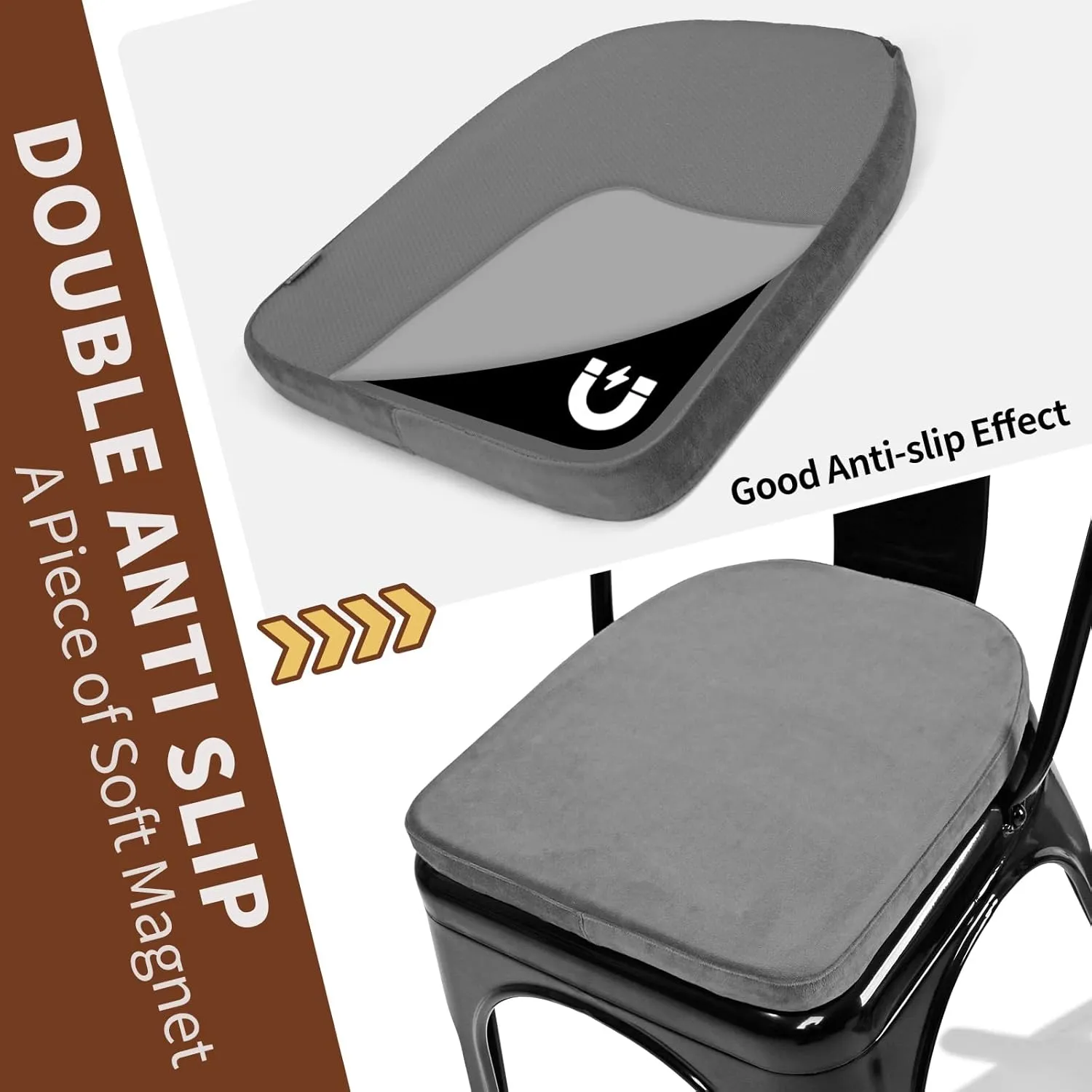 SINOSSO Kitchen Magnetic Metal Chair Cushions Set of 2, 14" Luxury Velvet Memory Foam Seat Pads for Cafe Stackable Chair (U-Shape, Gray, 2)