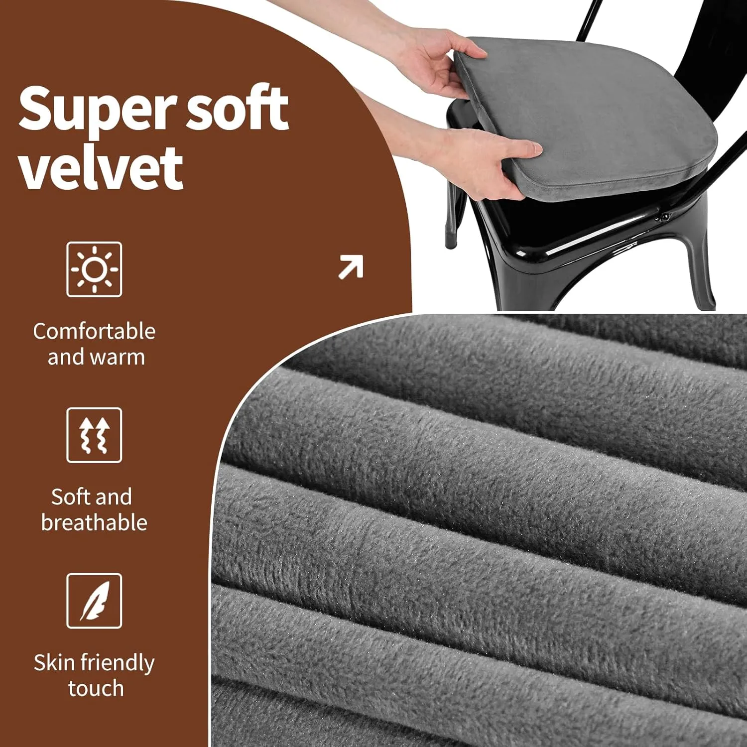 SINOSSO Kitchen Magnetic Metal Chair Cushions Set of 2, 14" Luxury Velvet Memory Foam Seat Pads for Cafe Stackable Chair (U-Shape, Gray, 2)