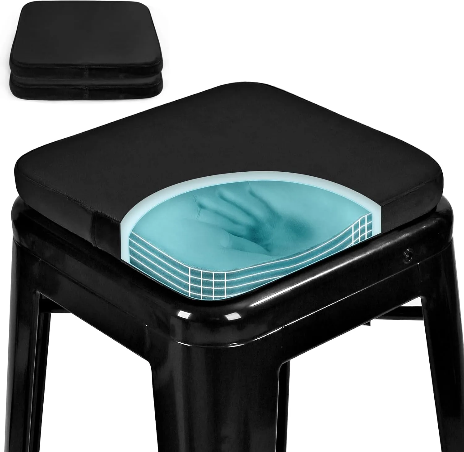 SINOSSO Magnetic Memory Foam Metal Stool Cushions Set of 2, Luxury Velvet Bar Cafe Stackable Chair Seat Pads, Non-Slip & Washable (Square, Black, 2)