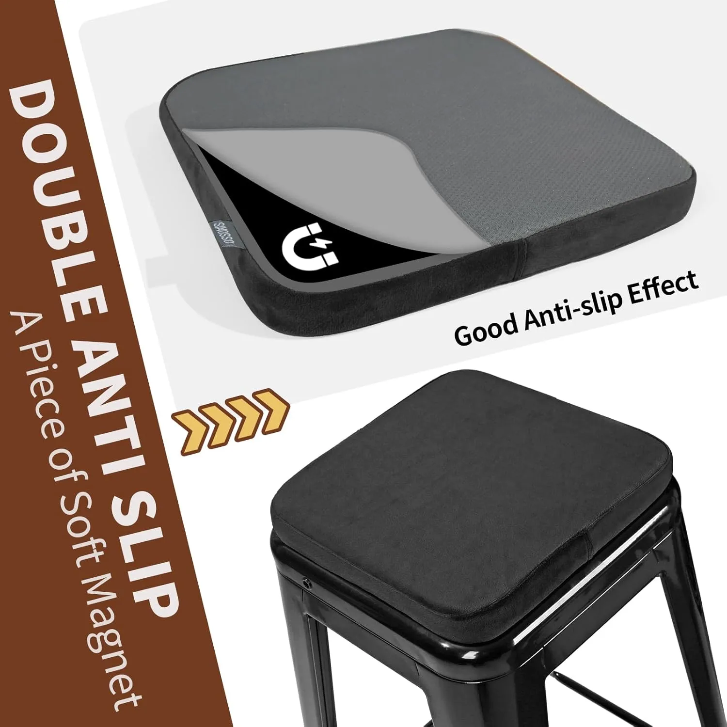 SINOSSO Magnetic Memory Foam Metal Stool Cushions Set of 2, Luxury Velvet Bar Cafe Stackable Chair Seat Pads, Non-Slip & Washable (Square, Black, 2)