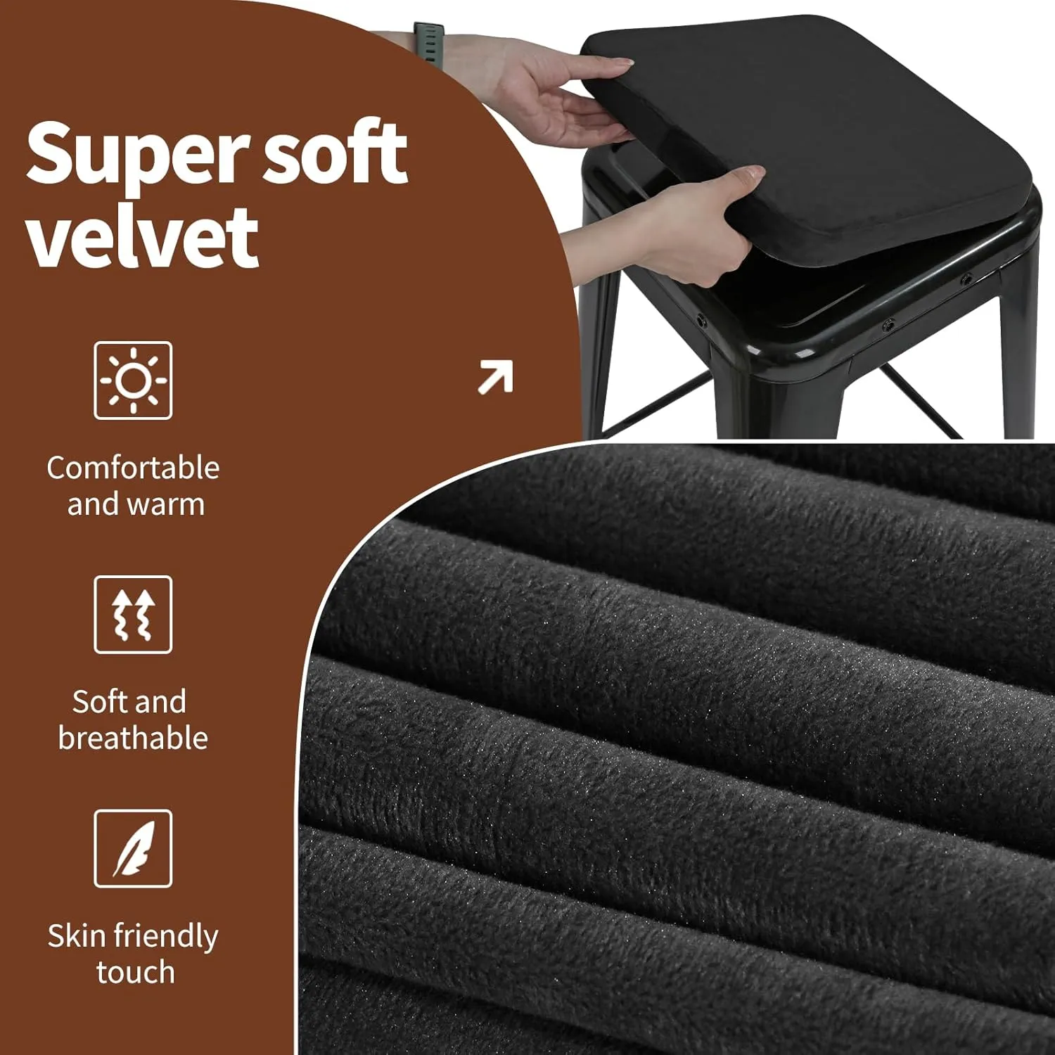 SINOSSO Magnetic Memory Foam Metal Stool Cushions Set of 2, Luxury Velvet Bar Cafe Stackable Chair Seat Pads, Non-Slip & Washable (Square, Black, 2)