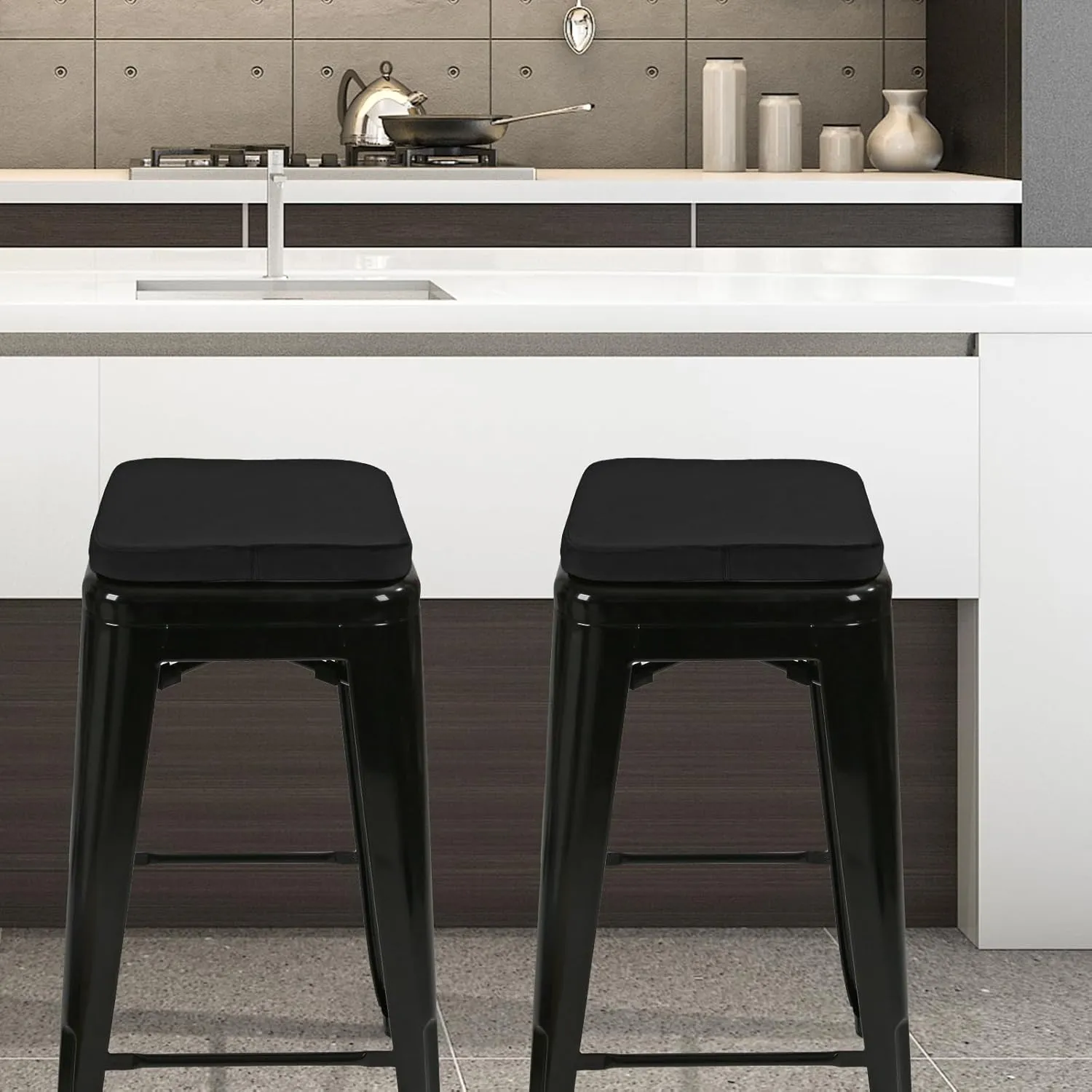 SINOSSO Magnetic Memory Foam Metal Stool Cushions Set of 2, Luxury Velvet Bar Cafe Stackable Chair Seat Pads, Non-Slip & Washable (Square, Black, 2)