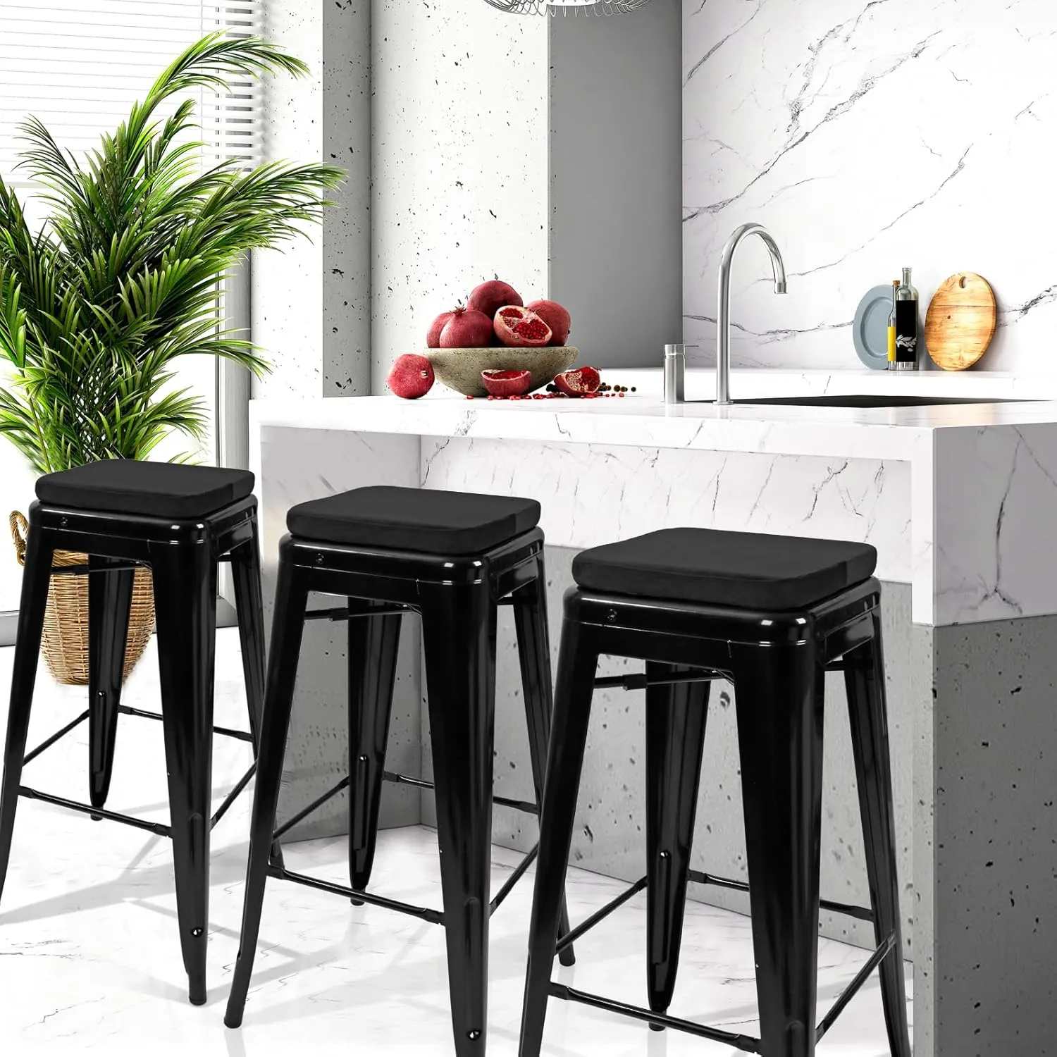 SINOSSO Magnetic Memory Foam Metal Stool Cushions Set of 4, Luxury Velvet Bar Cafe Stackable Chair Seat Pads, Non-Slip & Washable (Square, Gray, 4)