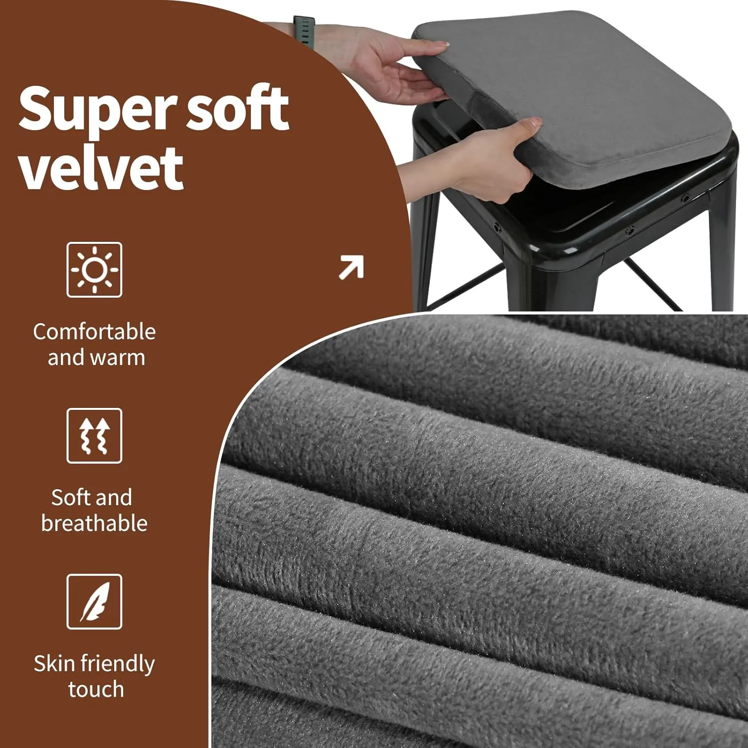SINOSSO Magnetic Memory Foam Metal Stool Cushions Set of 4, Luxury Velvet Bar Cafe Stackable Chair Seat Pads, Non-Slip & Washable (Square, Gray, 4)