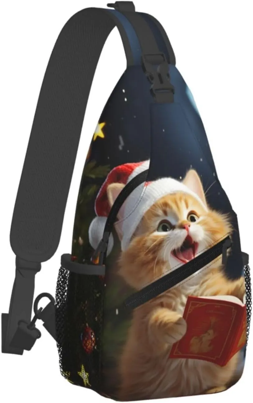 Sling Backpack Crossbody Sling Bag Cute Cat Sing Christmas Carols Chest Bag Daypack Fanny Pack Cross Body Bag for Outdoors Hiking