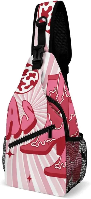 Sling Bag Cowboy Boots And Hat Crossbody Shoulder Backpack Pink Western Style Adjustable Lightweight Travel Hiking Chest Bag for Men Women
