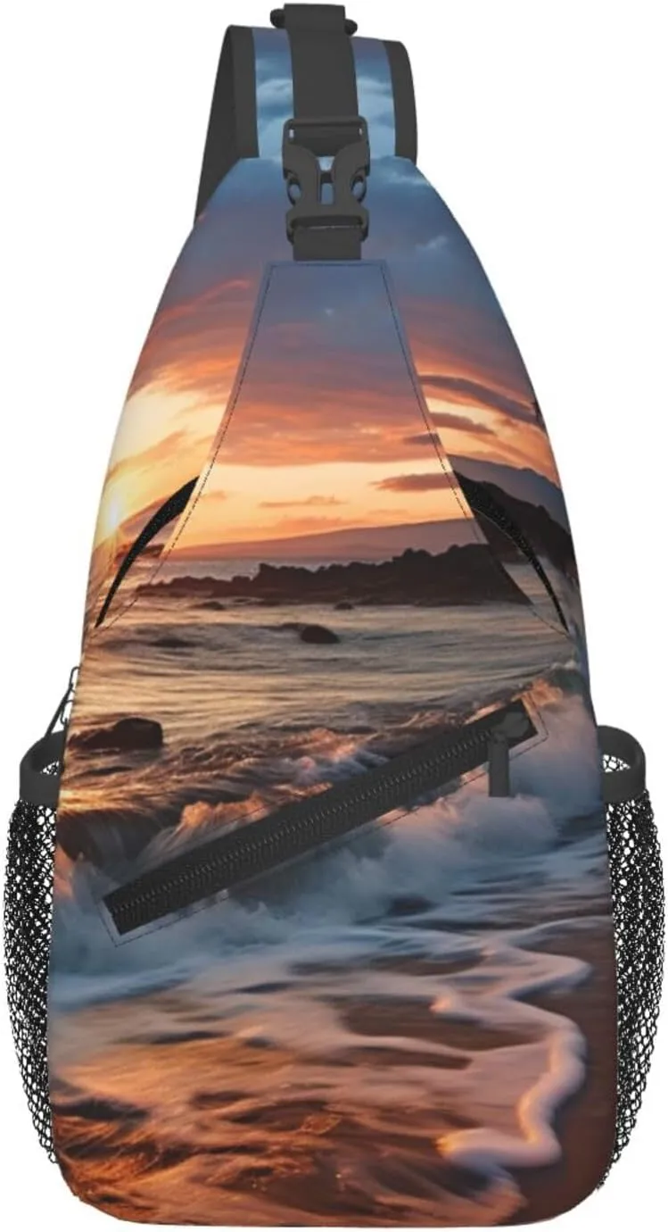 Sling Bags for Women Men Beach Maui Hawaii Sunset Sea Waves Clouds Sling Backpack Adjustable Belt Bum Bags Fanny Pack for Travel Sports Running Hiking Waist Packs