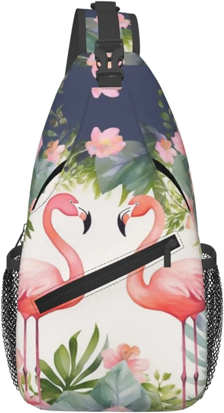 Sling Bags for Women Men Flamingos and flowers Sling Backpack Adjustable Belt Bum Bags Fanny Pack for Travel Sports Running Hiking Waist Packs