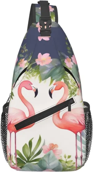 Sling Bags for Women Men Flamingos and flowers Sling Backpack Adjustable Belt Bum Bags Fanny Pack for Travel Sports Running Hiking Waist Packs