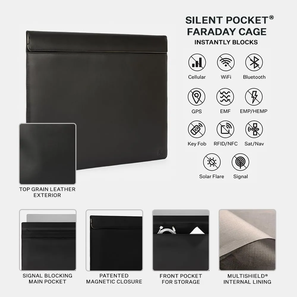 SLNT Leather Faraday Bag with Silent Pocket Technology - Signal Blocking Device Sleeve for 13 inch and 15 inch Laptops and Tablets, Provides Instant Protection (Black Leather, 13 inch)