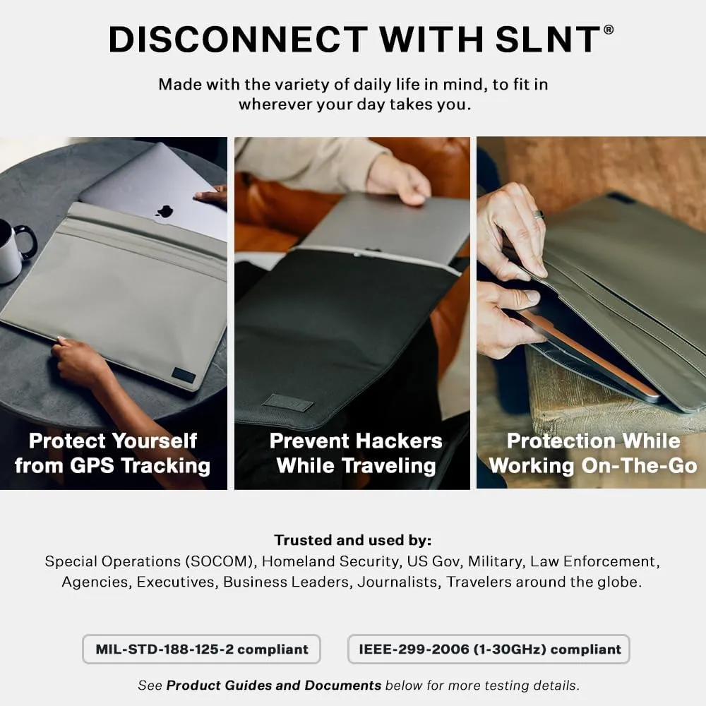 SLNT Leather Faraday Bag with Silent Pocket Technology - Signal Blocking Device Sleeve for 13 inch and 15 inch Laptops and Tablets, Provides Instant Protection (Black Leather, 13 inch)