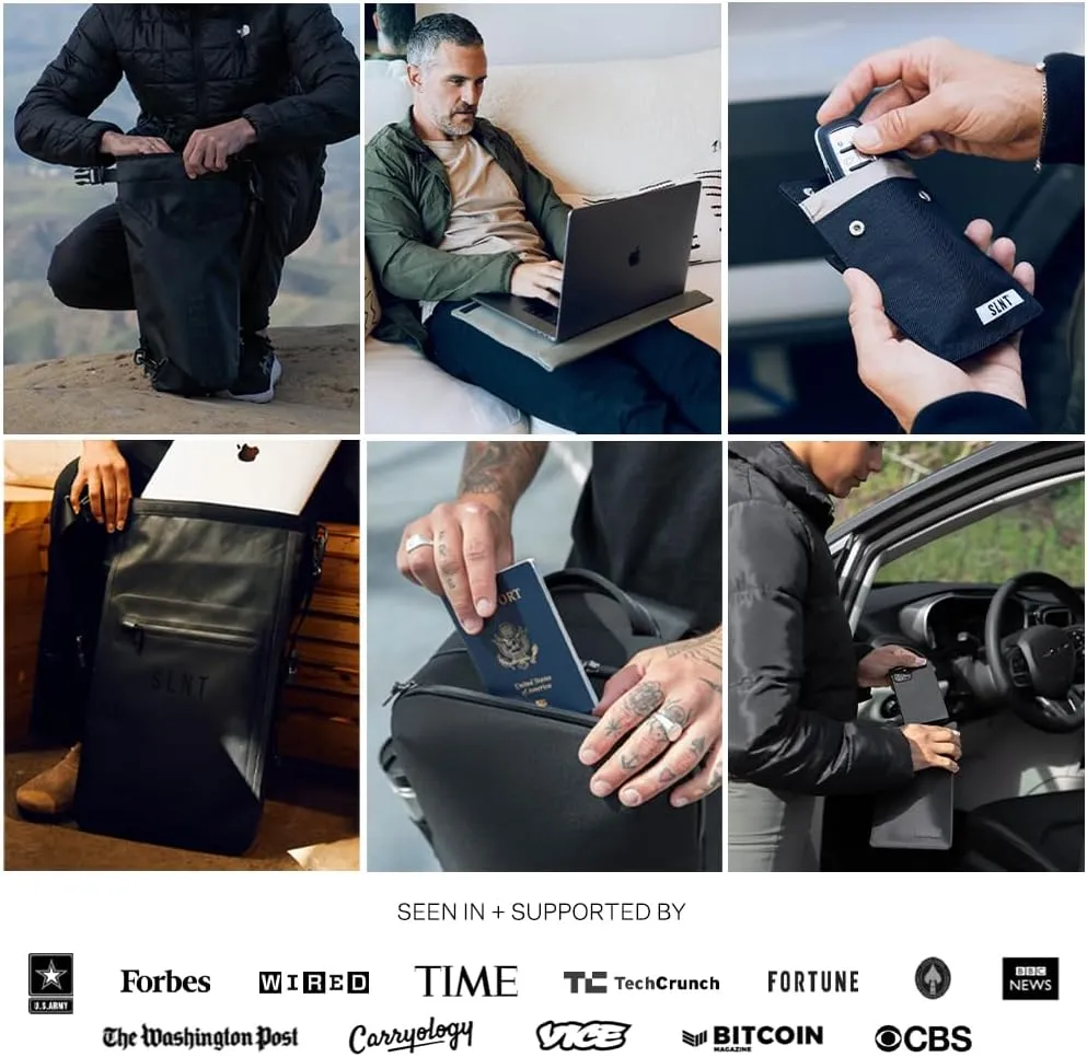 SLNT Leather Faraday Bag with Silent Pocket Technology - Signal Blocking Device Sleeve for 13 inch and 15 inch Laptops and Tablets, Provides Instant Protection (Black Leather, 13 inch)