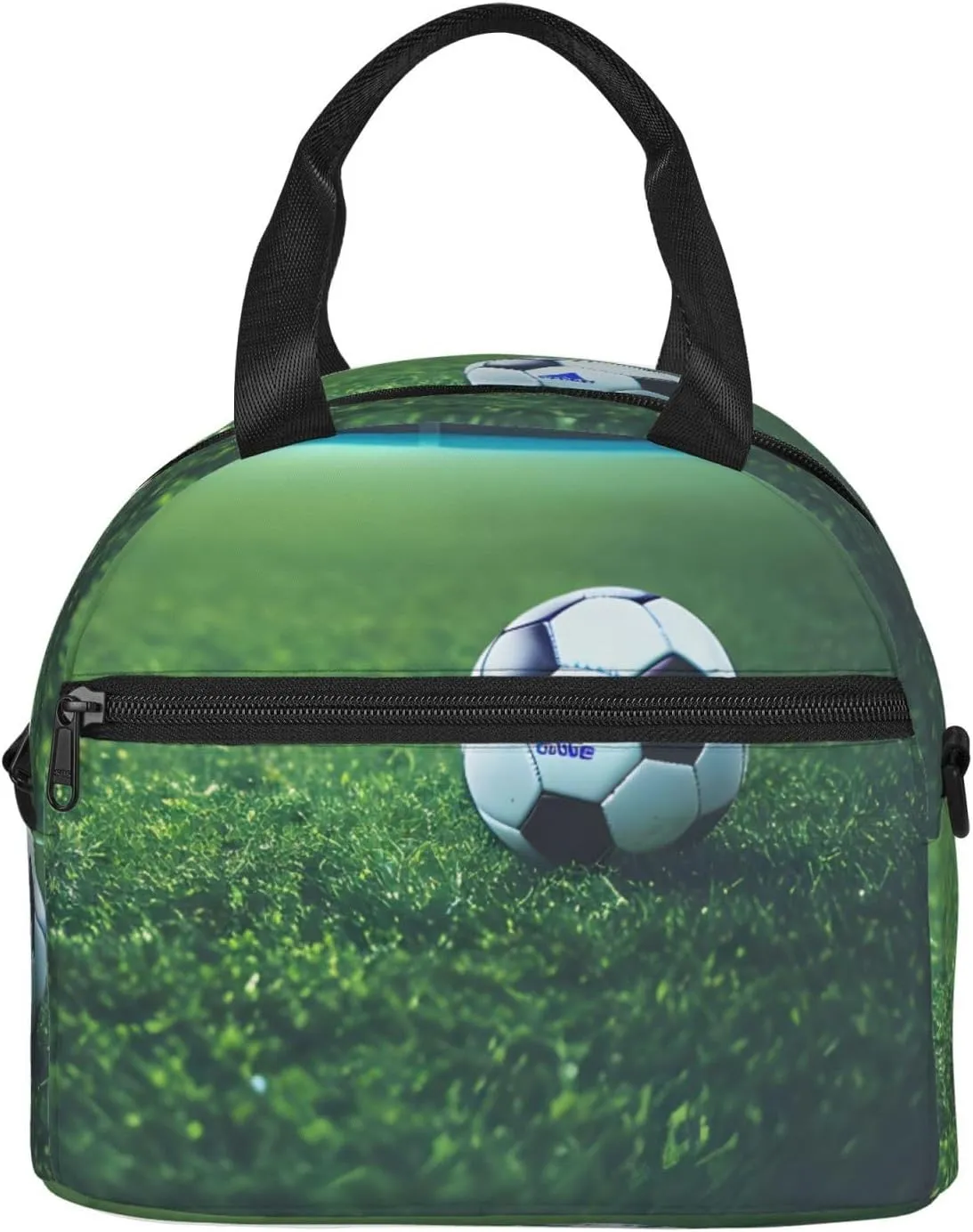 Soccer Ball On Grassy Insulated Lunch Bag Box - Versatile Leakproof Cooler Tote, Comes with Adjustable Shoulder Strap