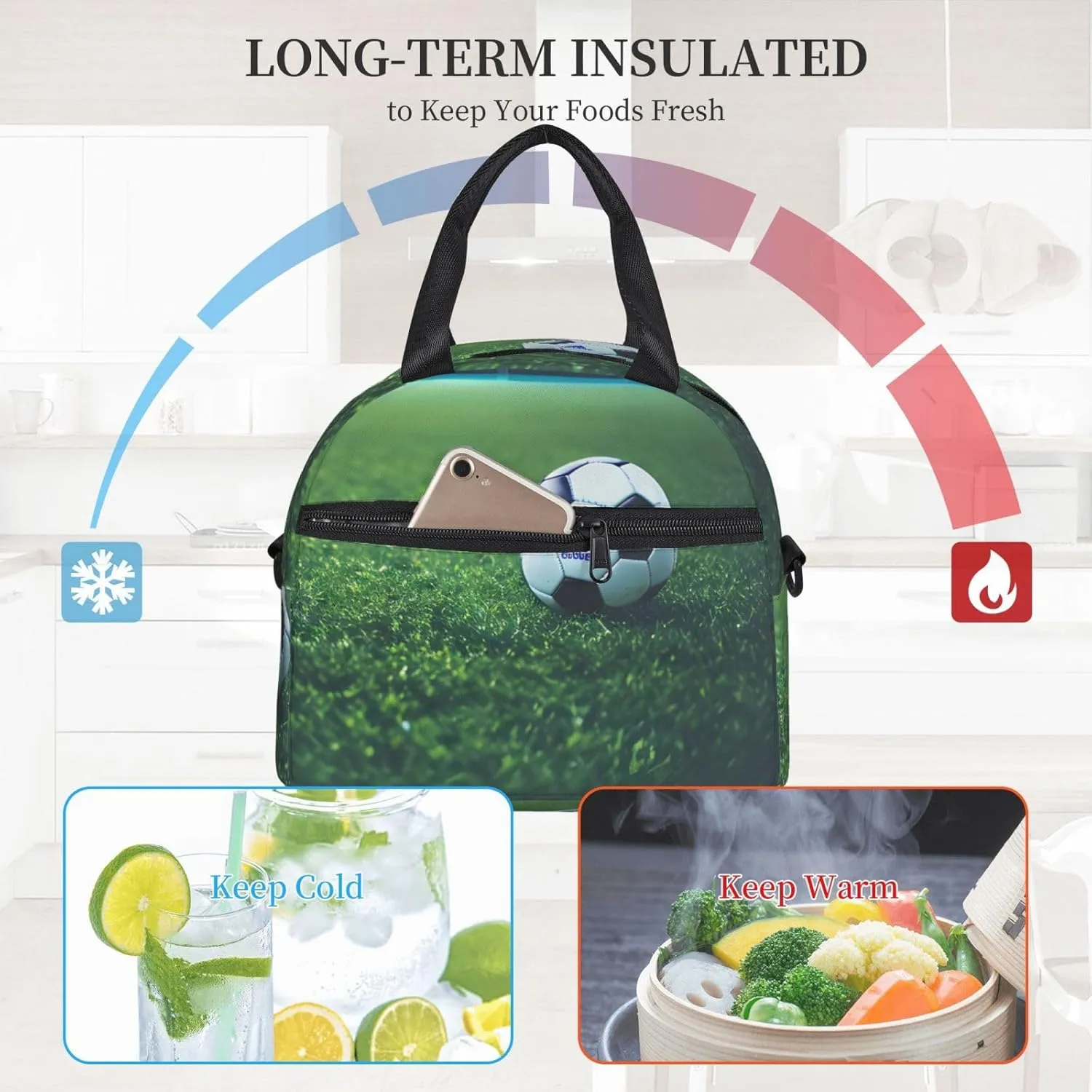 Soccer Ball On Grassy Insulated Lunch Bag Box - Versatile Leakproof Cooler Tote, Comes with Adjustable Shoulder Strap