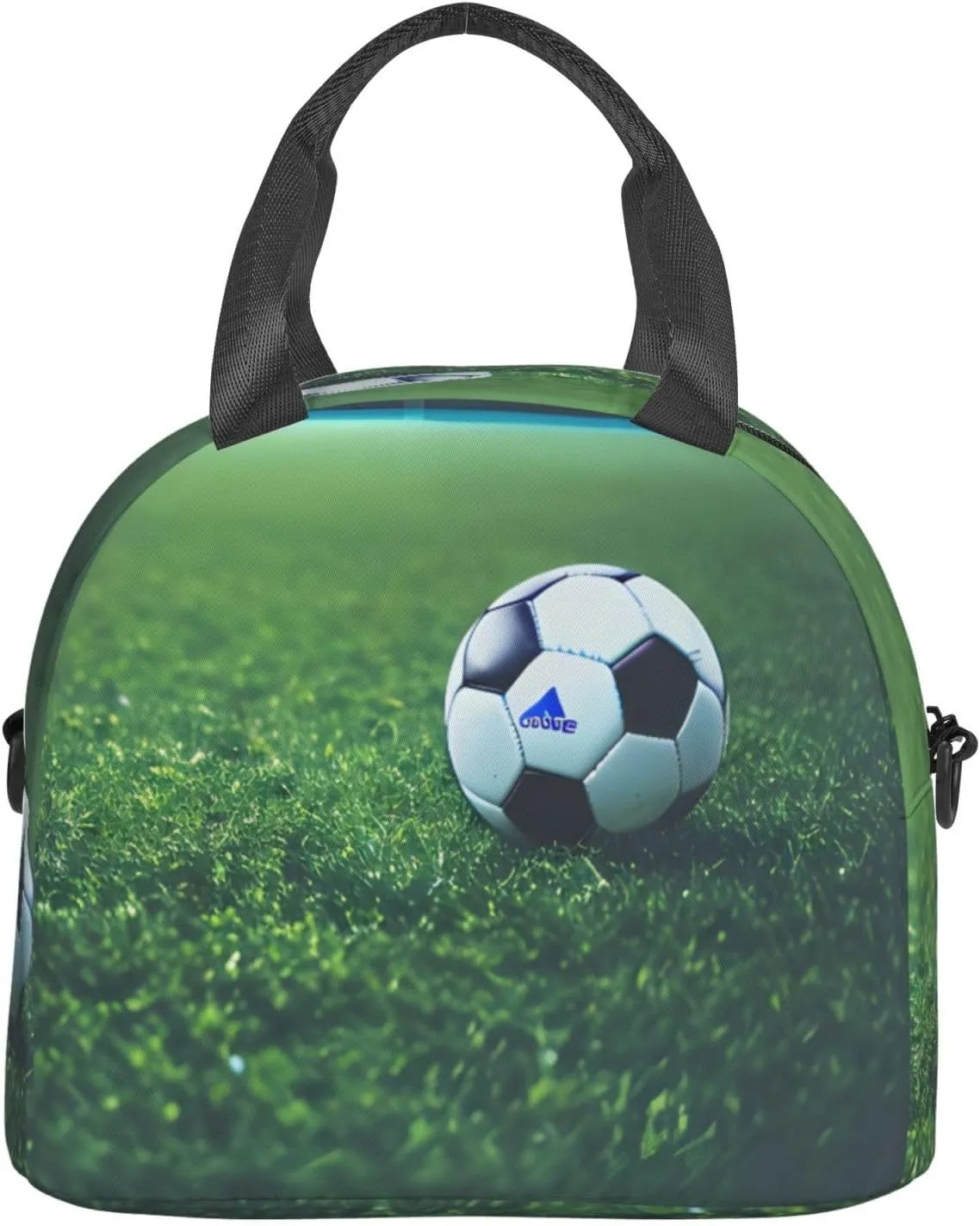 Soccer Ball On Grassy Insulated Lunch Bag Box - Versatile Leakproof Cooler Tote, Comes with Adjustable Shoulder Strap
