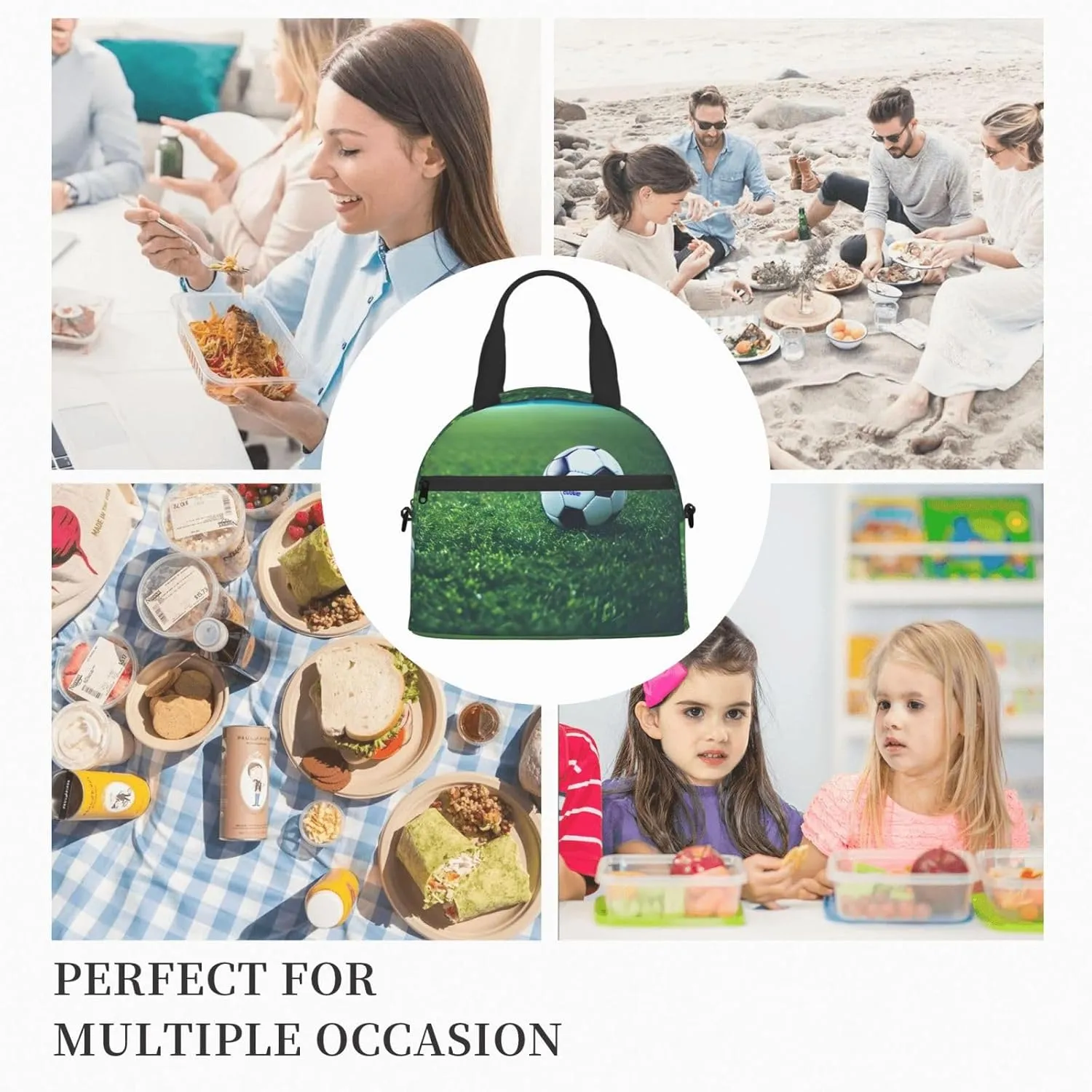 Soccer Ball On Grassy Insulated Lunch Bag Box - Versatile Leakproof Cooler Tote, Comes with Adjustable Shoulder Strap