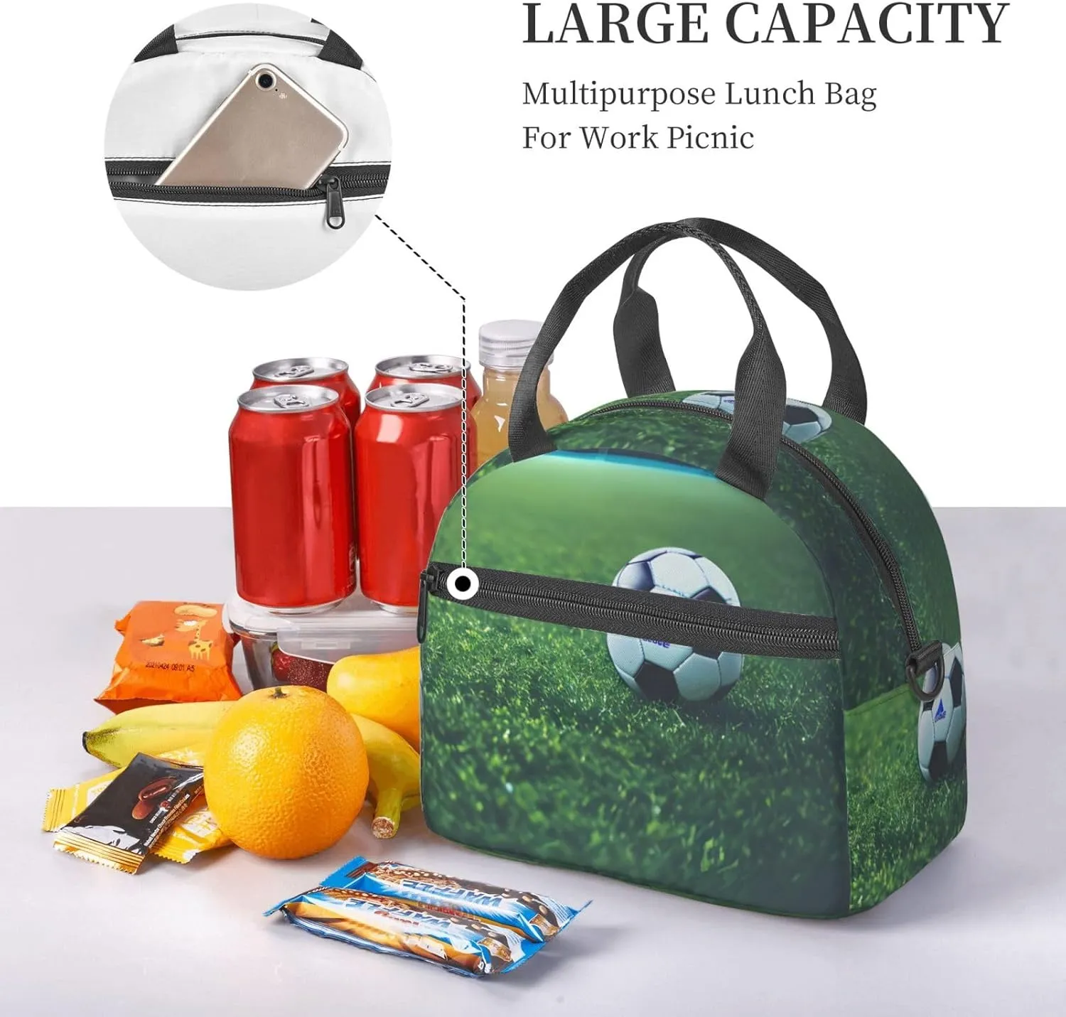 Soccer Ball On Grassy Insulated Lunch Bag Box - Versatile Leakproof Cooler Tote, Comes with Adjustable Shoulder Strap