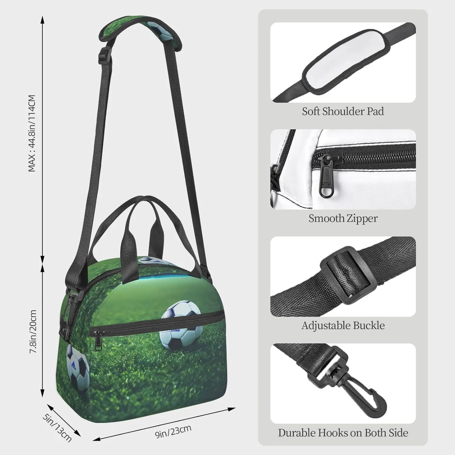 Soccer Ball On Grassy Insulated Lunch Bag Box - Versatile Leakproof Cooler Tote, Comes with Adjustable Shoulder Strap