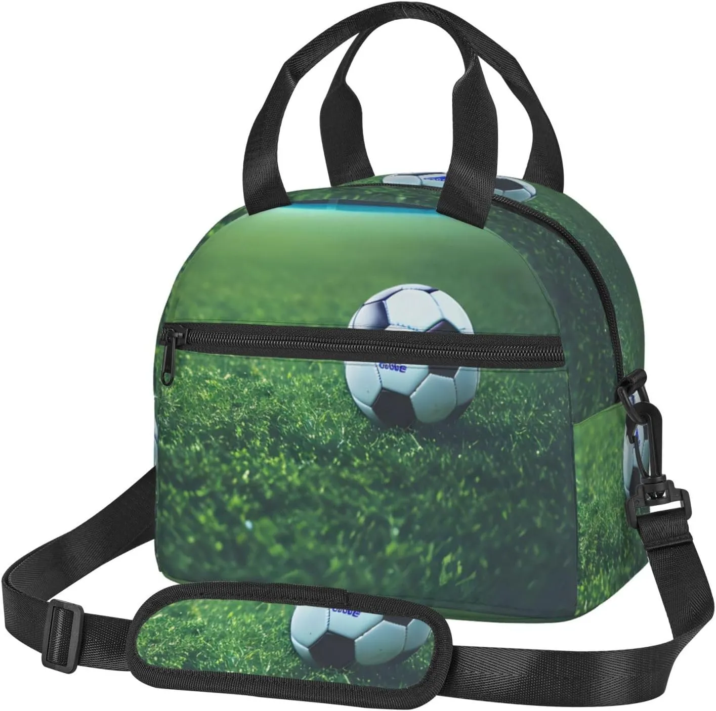 Soccer Ball On Grassy Insulated Lunch Bag Box - Versatile Leakproof Cooler Tote, Comes with Adjustable Shoulder Strap