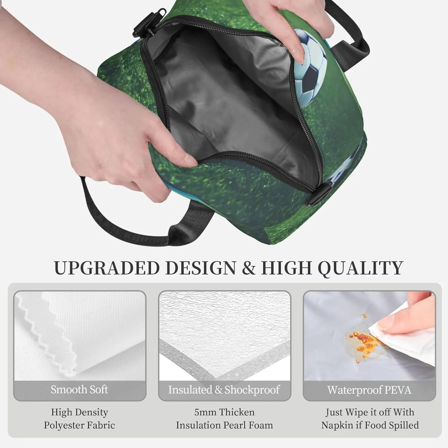 Soccer Ball On Grassy Insulated Lunch Bag Box - Versatile Leakproof Cooler Tote, Comes with Adjustable Shoulder Strap