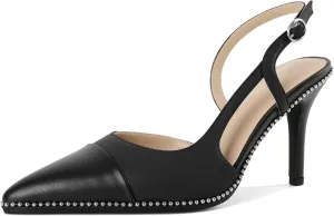 Soireelady Womens Sling Back Heels Pointed Cap Toe Beaded Pumps Stilettos High Heel Pumps Slip On D'Orsay Heels Dress Shoes Wedding 3.5 Inch