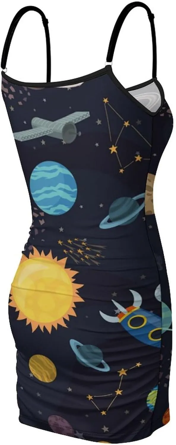 Solar System Planets and Stars Women Sexy Bodycon Spaghetti Strap Sling Dress Sleeveless Backless Beach Mini Dresses