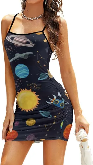 Solar System Planets and Stars Women Sexy Bodycon Spaghetti Strap Sling Dress Sleeveless Backless Beach Mini Dresses