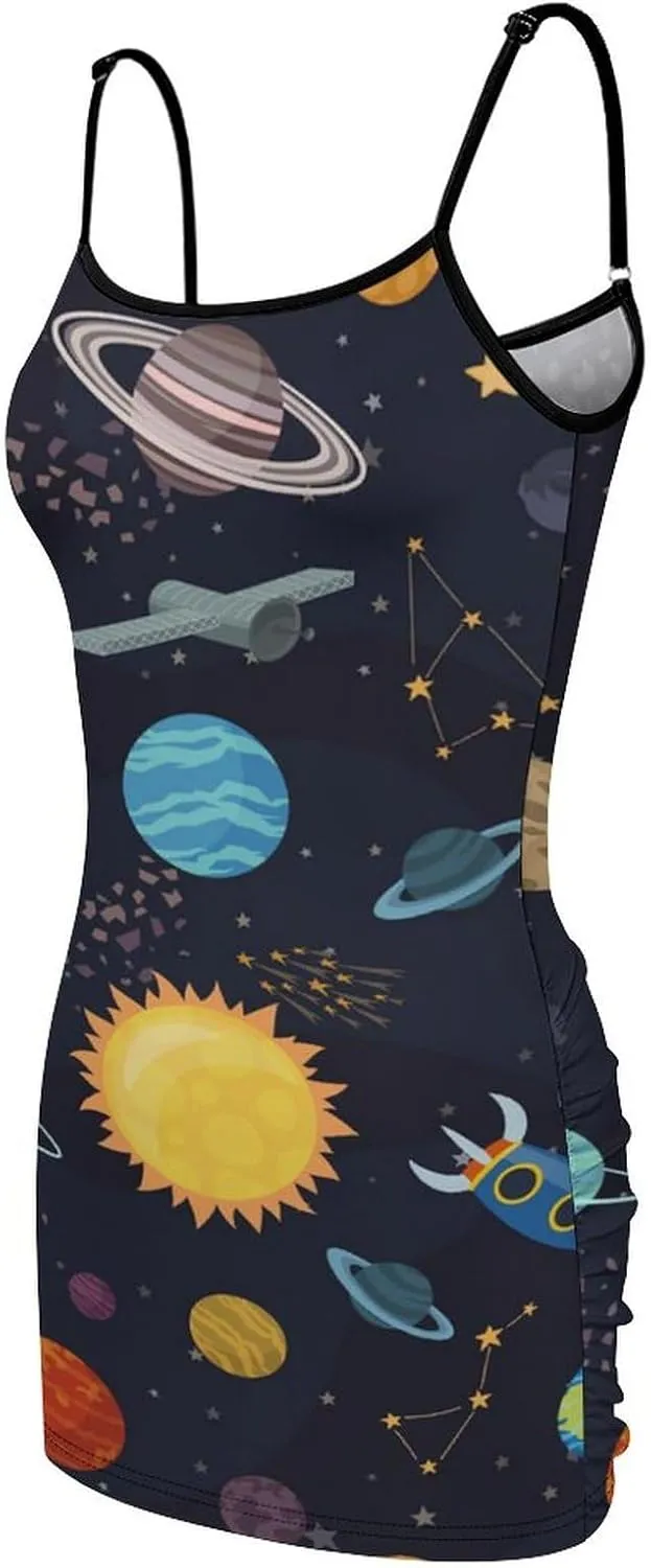Solar System Planets and Stars Women Sexy Bodycon Spaghetti Strap Sling Dress Sleeveless Backless Beach Mini Dresses