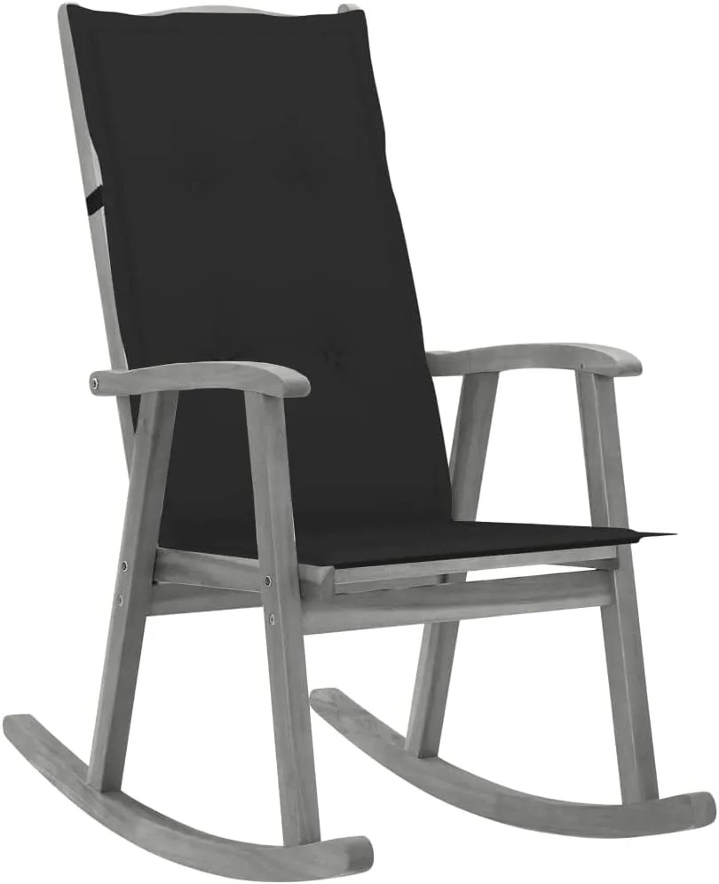 Solid Acacia Wood Rocking Chair with Cushions Gray High Back Weather-Resistant Indoor Outdoor Use for Patio Living Room Lounge Furniture