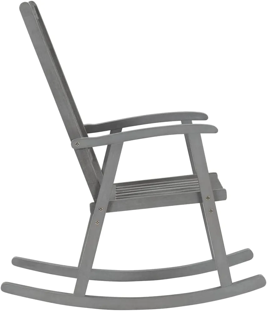 Solid Acacia Wood Rocking Chair with Cushions Gray High Back Weather-Resistant Indoor Outdoor Use for Patio Living Room Lounge Furniture