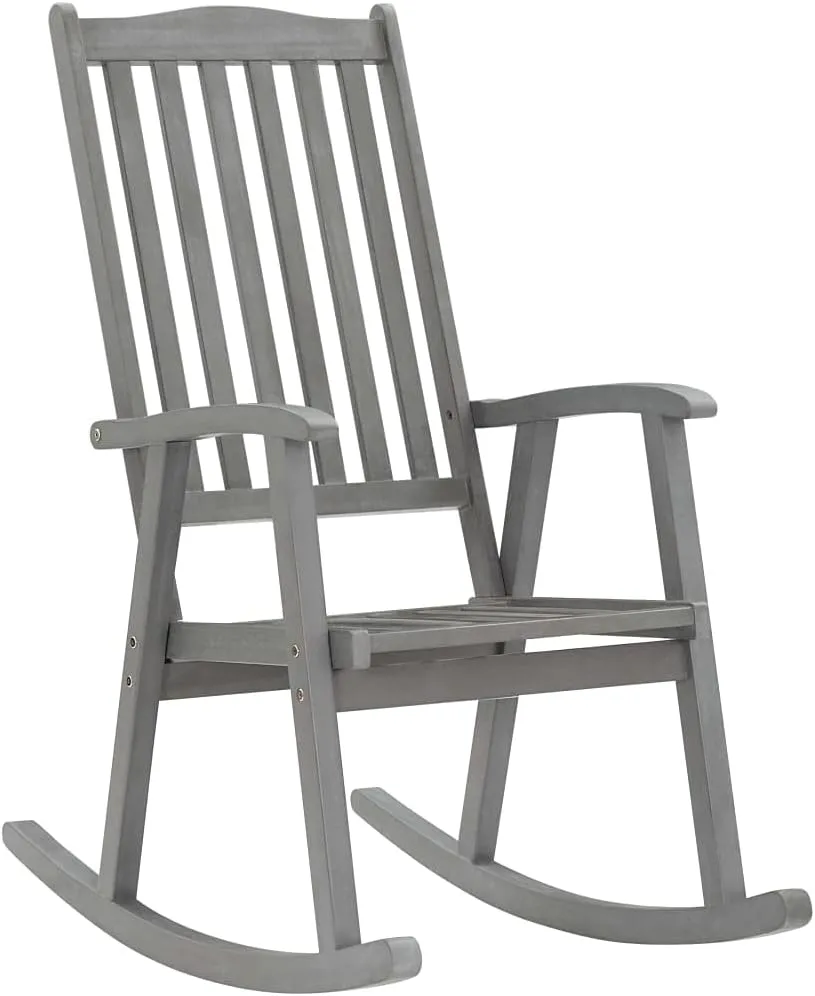 Solid Acacia Wood Rocking Chair with Cushions Gray High Back Weather-Resistant Indoor Outdoor Use for Patio Living Room Lounge Furniture
