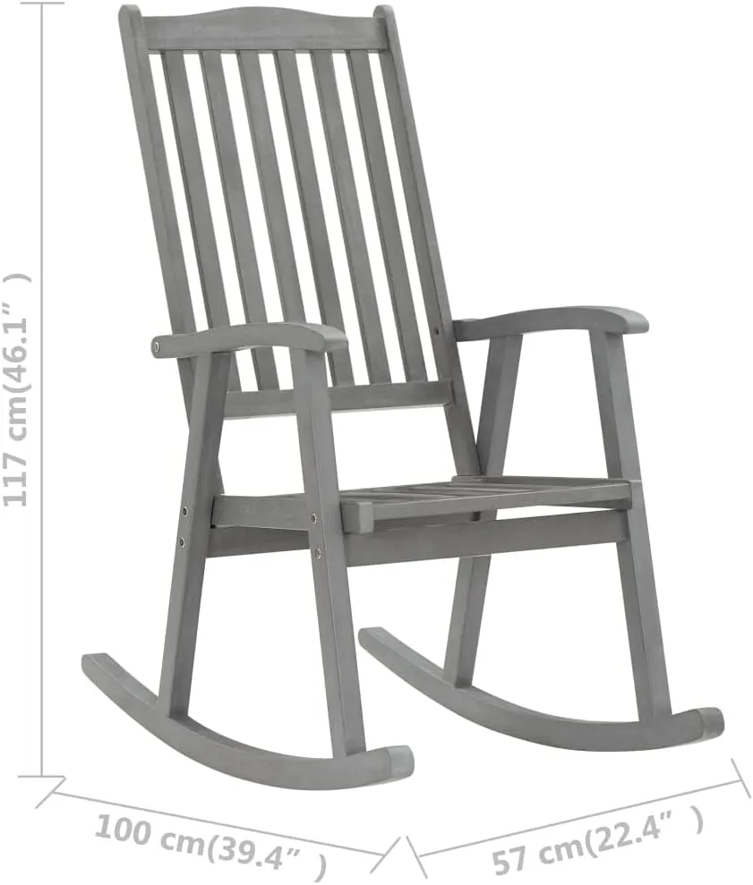 Solid Acacia Wood Rocking Chair with Cushions Gray High Back Weather-Resistant Indoor Outdoor Use for Patio Living Room Lounge Furniture