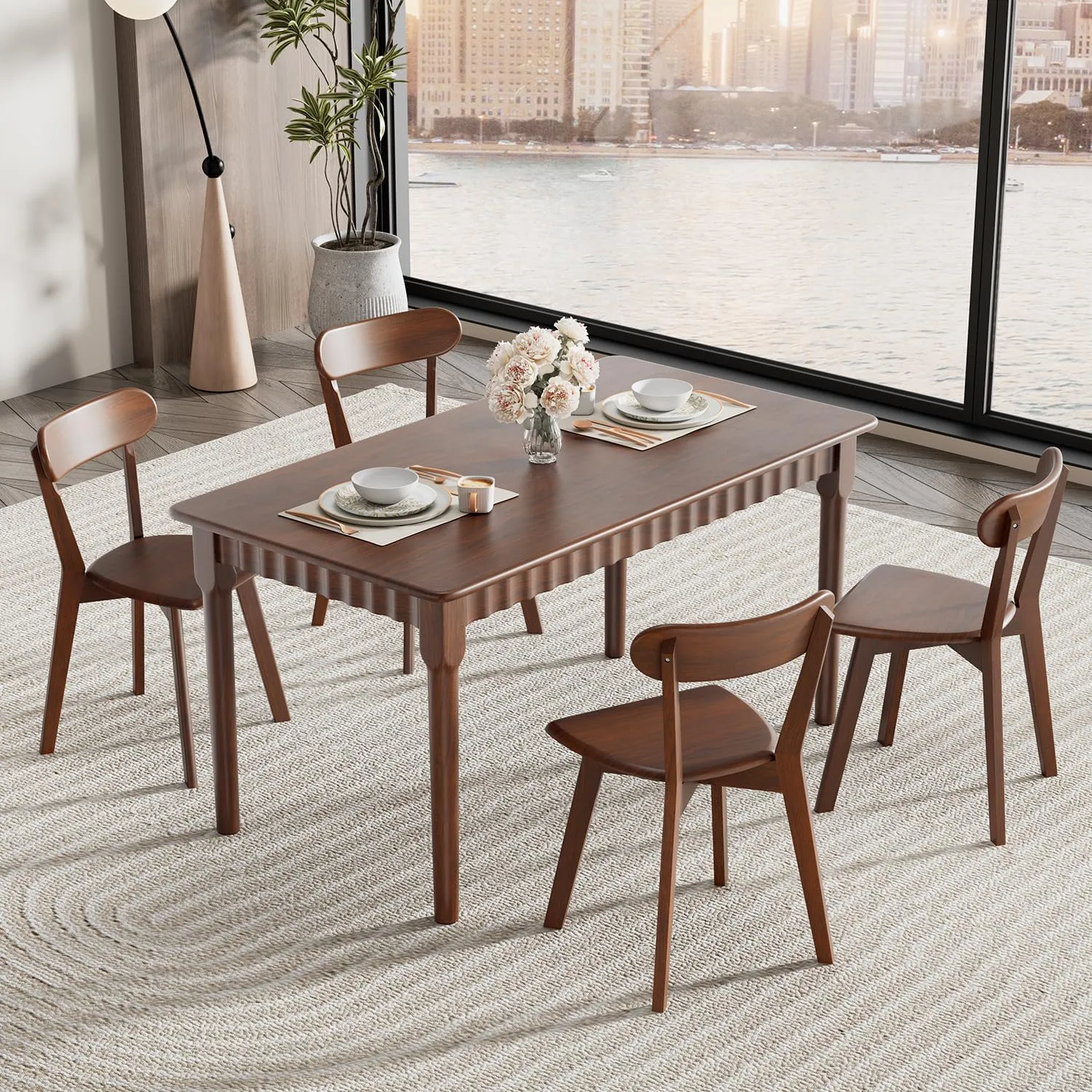 Solid Wood Dining Chairs Set of 4, Farmhouse Kitchen Chairs with Oak Backrest, Wooden Dining Room Chairs for Dining Room, Living Room, Non-Slip Foot Pads, Stackable Dining Chairs, Walnut