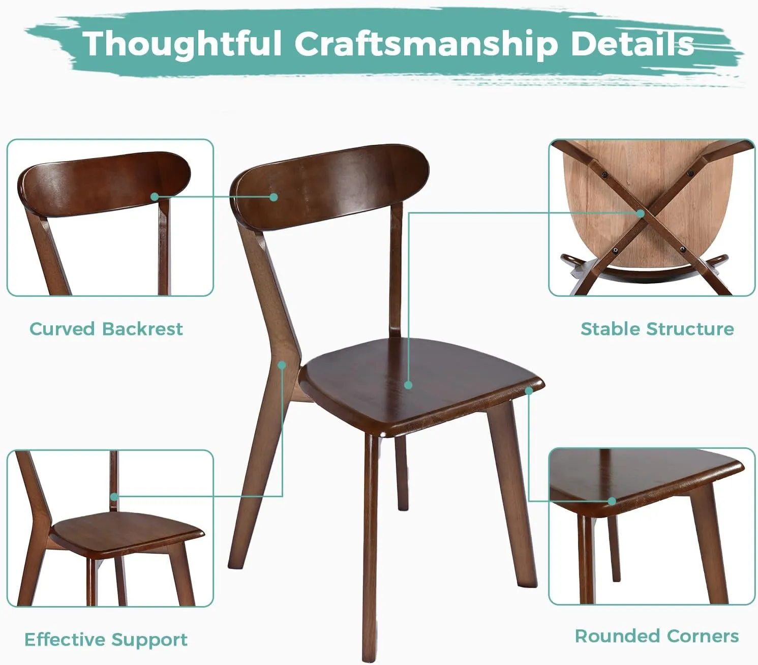 Solid Wood Dining Chairs Set of 4, Farmhouse Kitchen Chairs with Oak Backrest, Wooden Dining Room Chairs for Dining Room, Living Room, Non-Slip Foot Pads, Stackable Dining Chairs, Walnut
