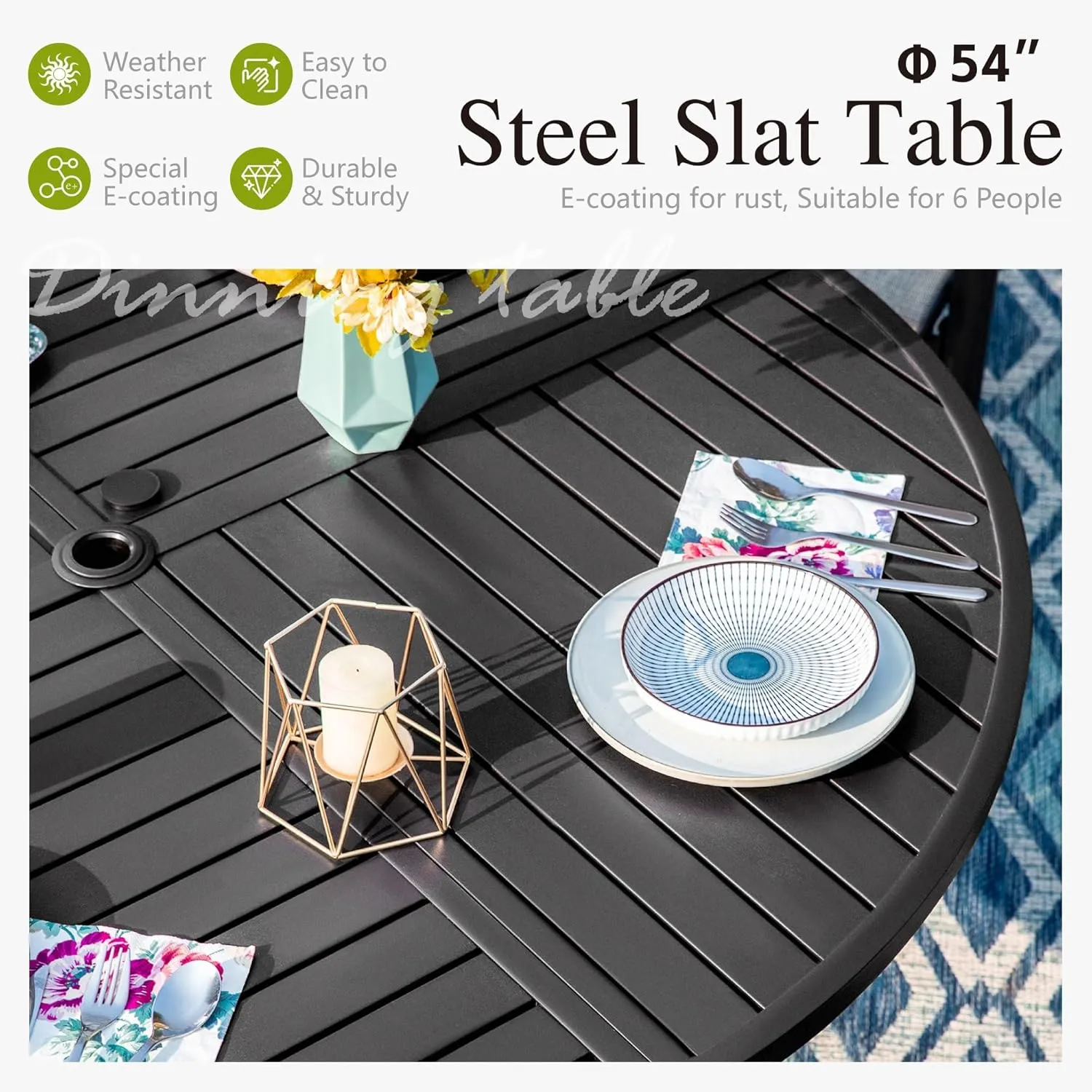 Sophia & William Round Patio Table and Chairs Set, Outdoor Dining Set for 6, 7 Piece Metal Patio Furniture, 54" Black Table(Beehive)