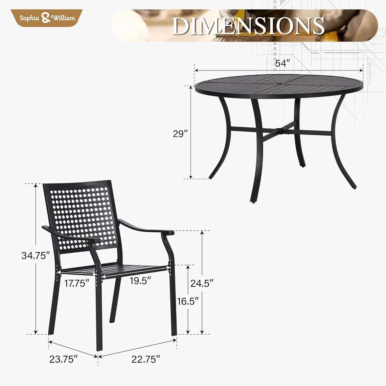Sophia & William Round Patio Table and Chairs Set, Outdoor Dining Set for 6, 7 Piece Metal Patio Furniture, 54" Black Table(Beehive)