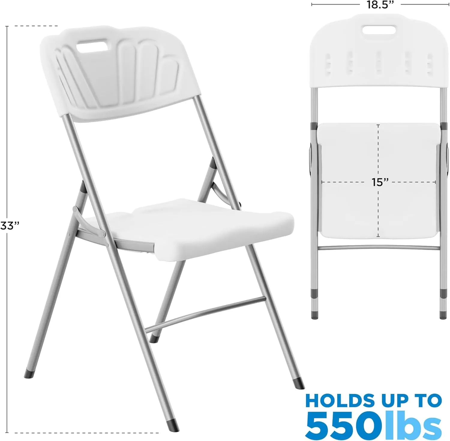 Sorfey White Folding Chair Set of 4, 550 lbs Weight Capacity - Comfy Ergonomic Plastic Folding Chairs for Outside, Wedding, Indoor/Outdoor Party Chairs, Folding Event Chairs - Stackable, Foldable
