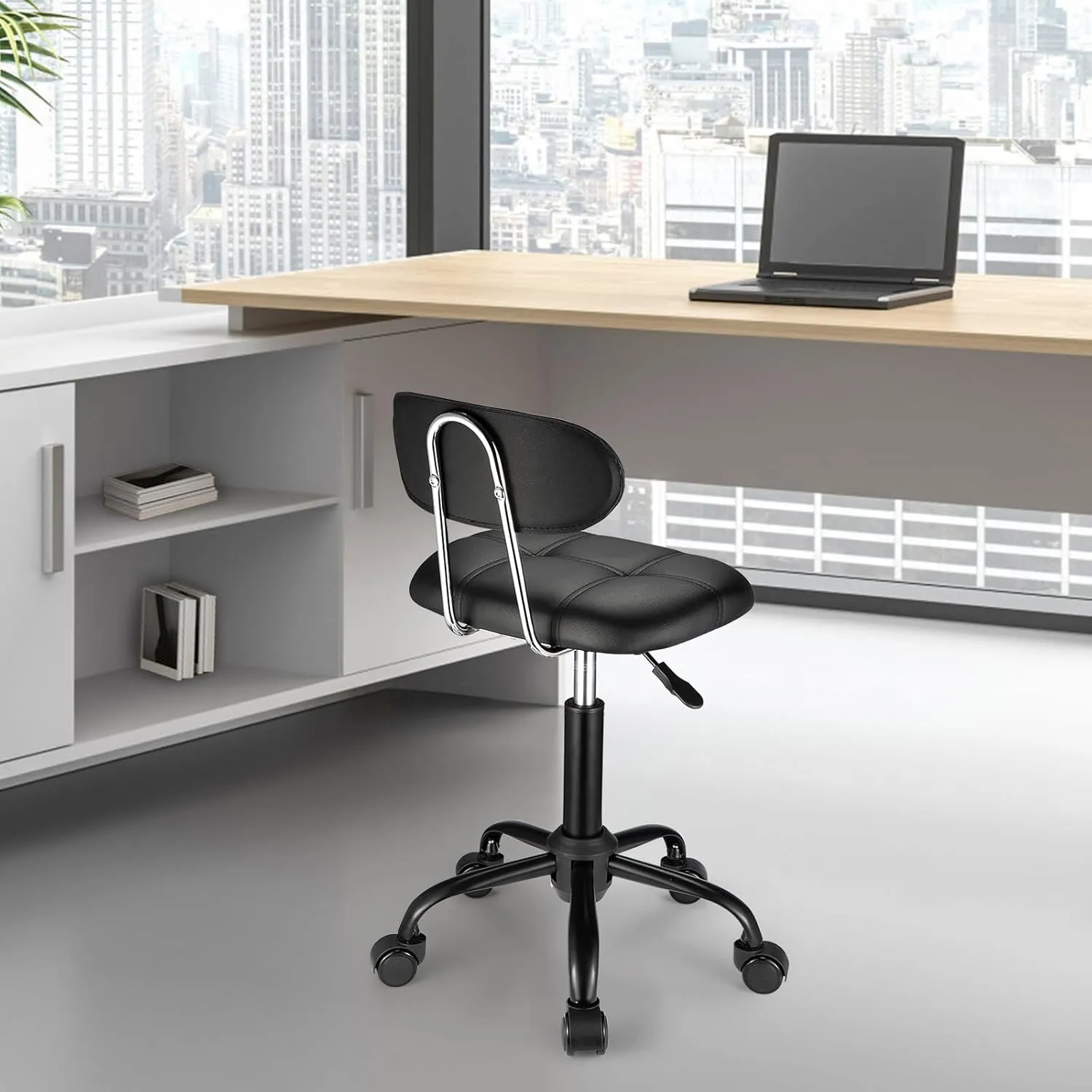 Square Rolling Stool with Backrest Height Adjustable Chair Swivel Drafting Chair Stool Chair with Wheels Black