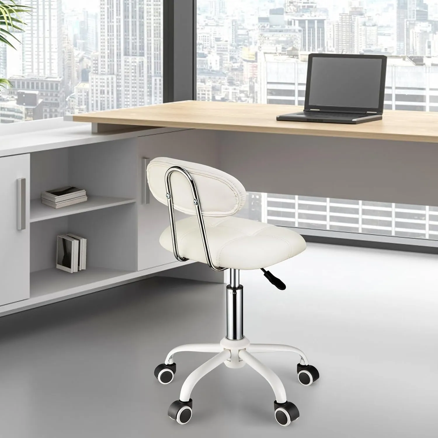 Square Rolling Stool with Backrest Height Adjustable Chair Swivel Drafting Chair Stool Chair with Wheels White