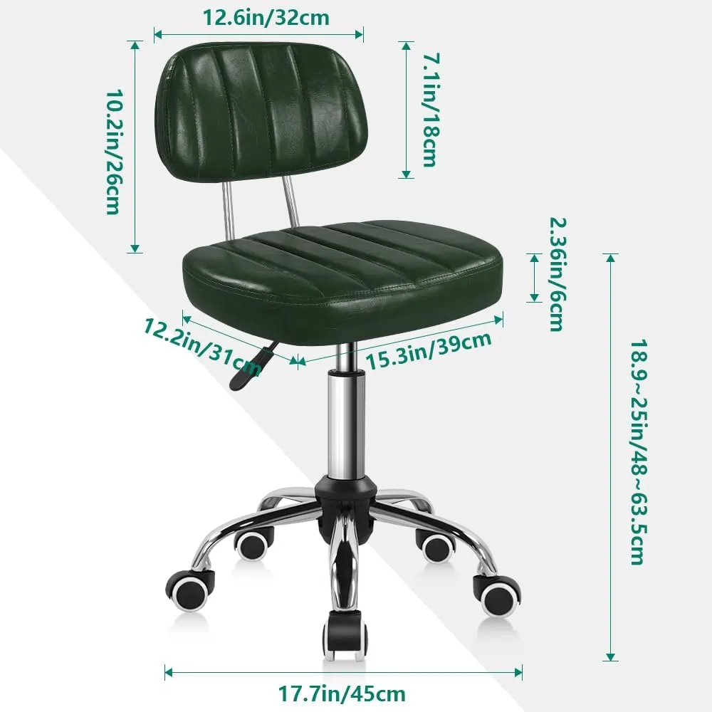 Square Swivel Stool with Wheel for Work SPA Shop Massage Height-Adjustable and Cost-Effective Rolling Stool Chair with Back (Green)