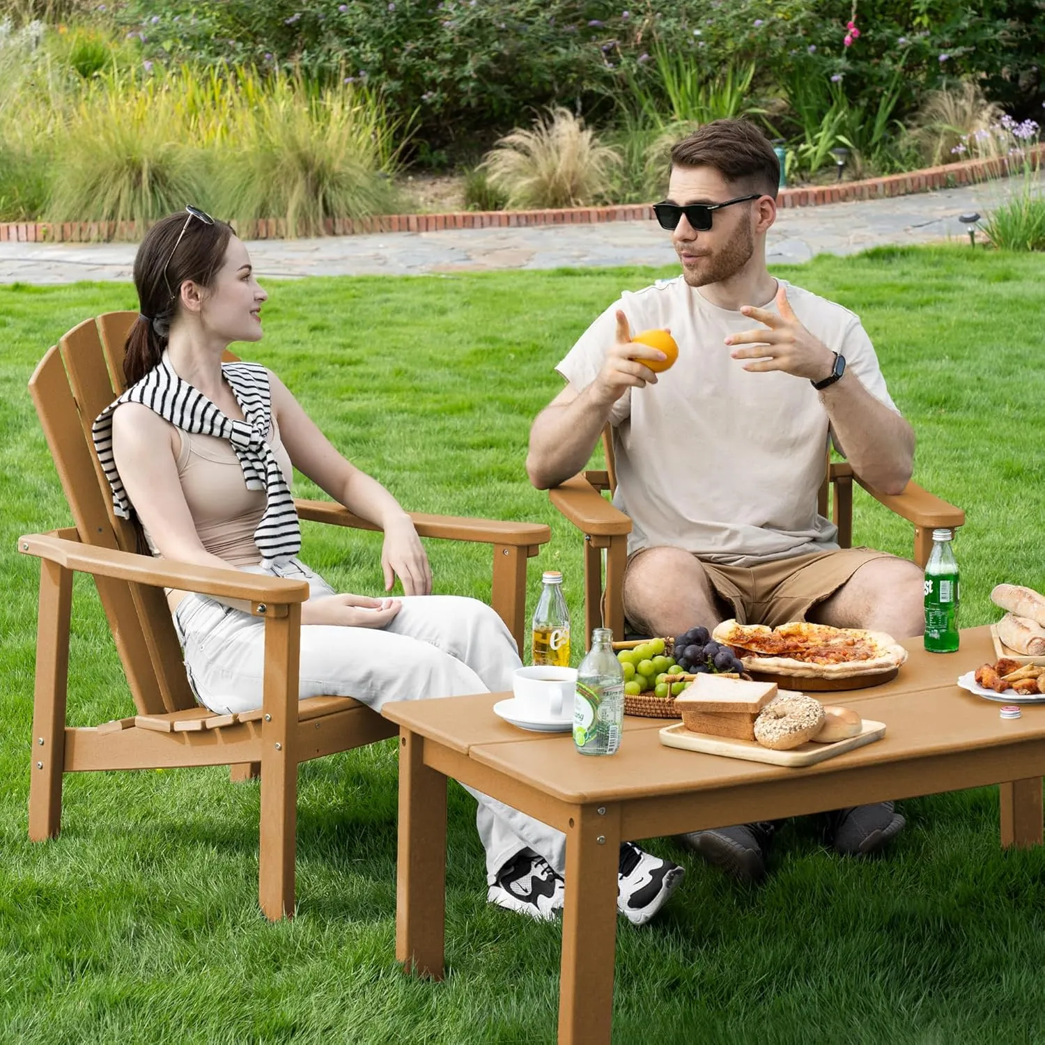 Stackable Adirondack Chair - All-Weather HDPE Outdoor Patio Chair - Durable and Space -Saving Design for Easy Storage - Ideal for Porch, Lawn, or Garden-Teak