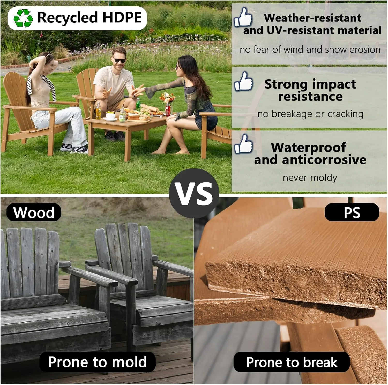 Stackable Adirondack Chair - All-Weather HDPE Outdoor Patio Chair - Durable and Space -Saving Design for Easy Storage - Ideal for Porch, Lawn, or Garden-Teak