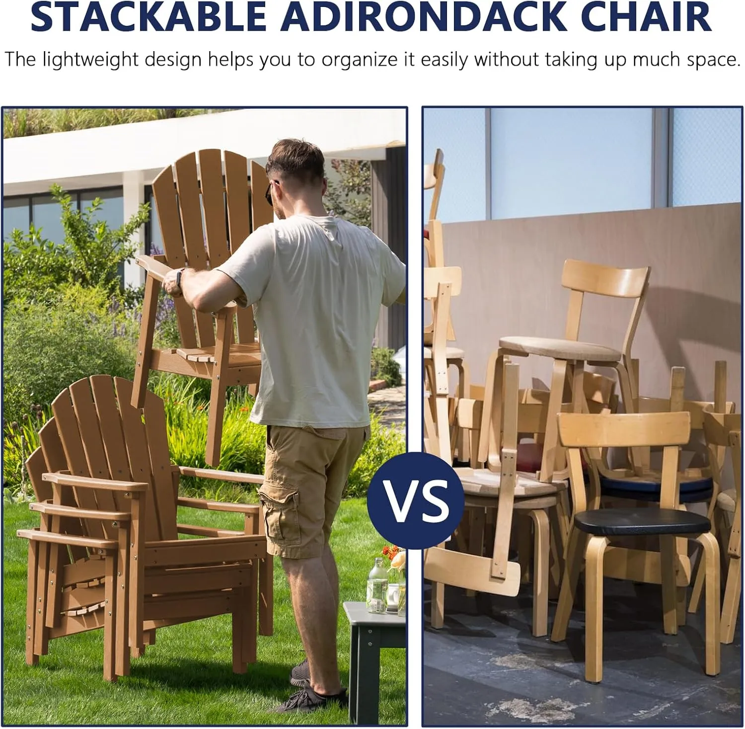 Stackable Adirondack Chair - All-Weather HDPE Outdoor Patio Chair - Durable and Space -Saving Design for Easy Storage - Ideal for Porch, Lawn, or Garden-Teak