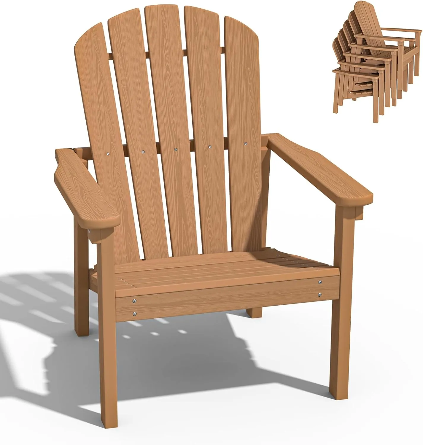 Stackable Adirondack Chair - All-Weather HDPE Outdoor Patio Chair - Durable and Space -Saving Design for Easy Storage - Ideal for Porch, Lawn, or Garden-Teak