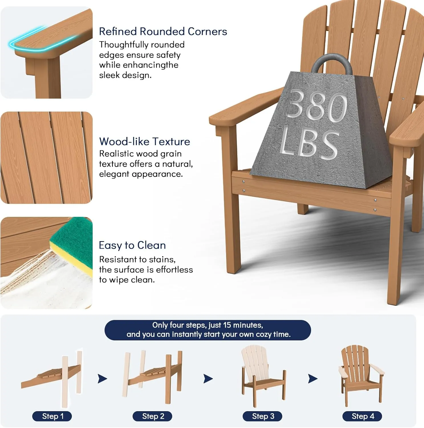 Stackable Adirondack Chair - All-Weather HDPE Outdoor Patio Chair - Durable and Space -Saving Design for Easy Storage - Ideal for Porch, Lawn, or Garden-Teak